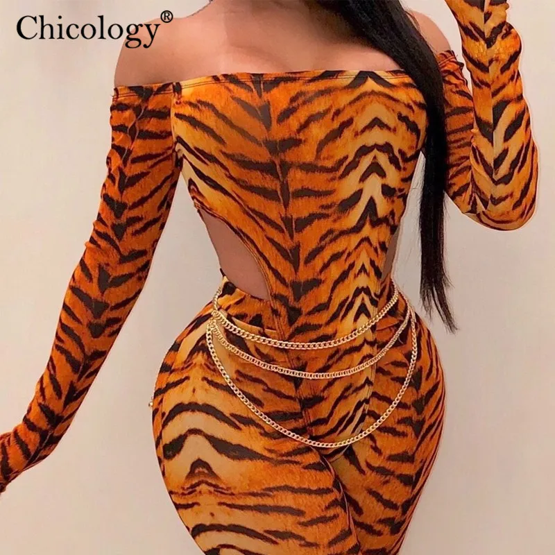 Chicology leopard off shoulder 2 two piece matching set women long sleeve bodysuit high waist pants 2019 autumn winter clothes | Женская