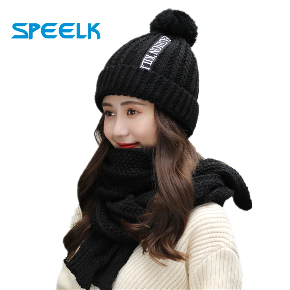 Новинка Зимняя шерстяная шапка женские толстые теплые вязаные шапочки набор с