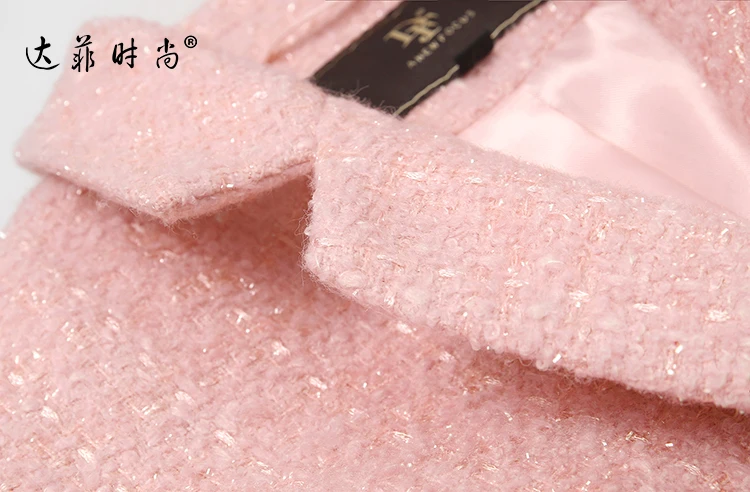 Elegant Feathers Double-breasted Winter Coat Women Runway Designer Thick Warm Pink Wool Coat Jacket High Quality Outwear