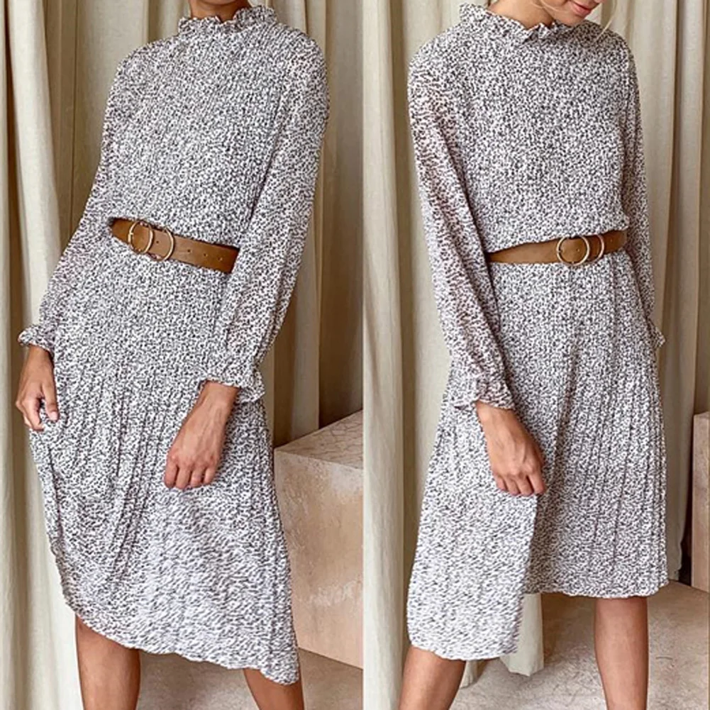 2019 Vestidos офис в горошек Винтаж осенние платья с гофрированным воротником Для