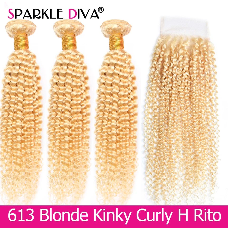 

Kink Curly Hair 613 Blonde Bundles With Closure 8-28 Brazilian Human Hair Bundles 3 Bundles With Closure Remy Hair Extension