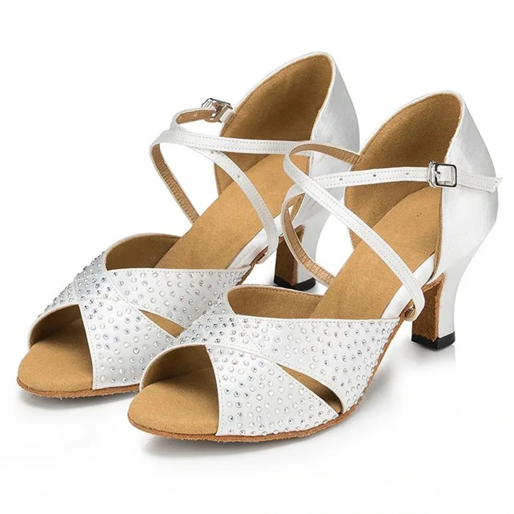 Satin Rhinestone Dance Shoes Women Latin Tango Salsa Dance Shoes Ballroom Dance 6cm Heel Soft Sole Sandals Ladies Wedding Shoes