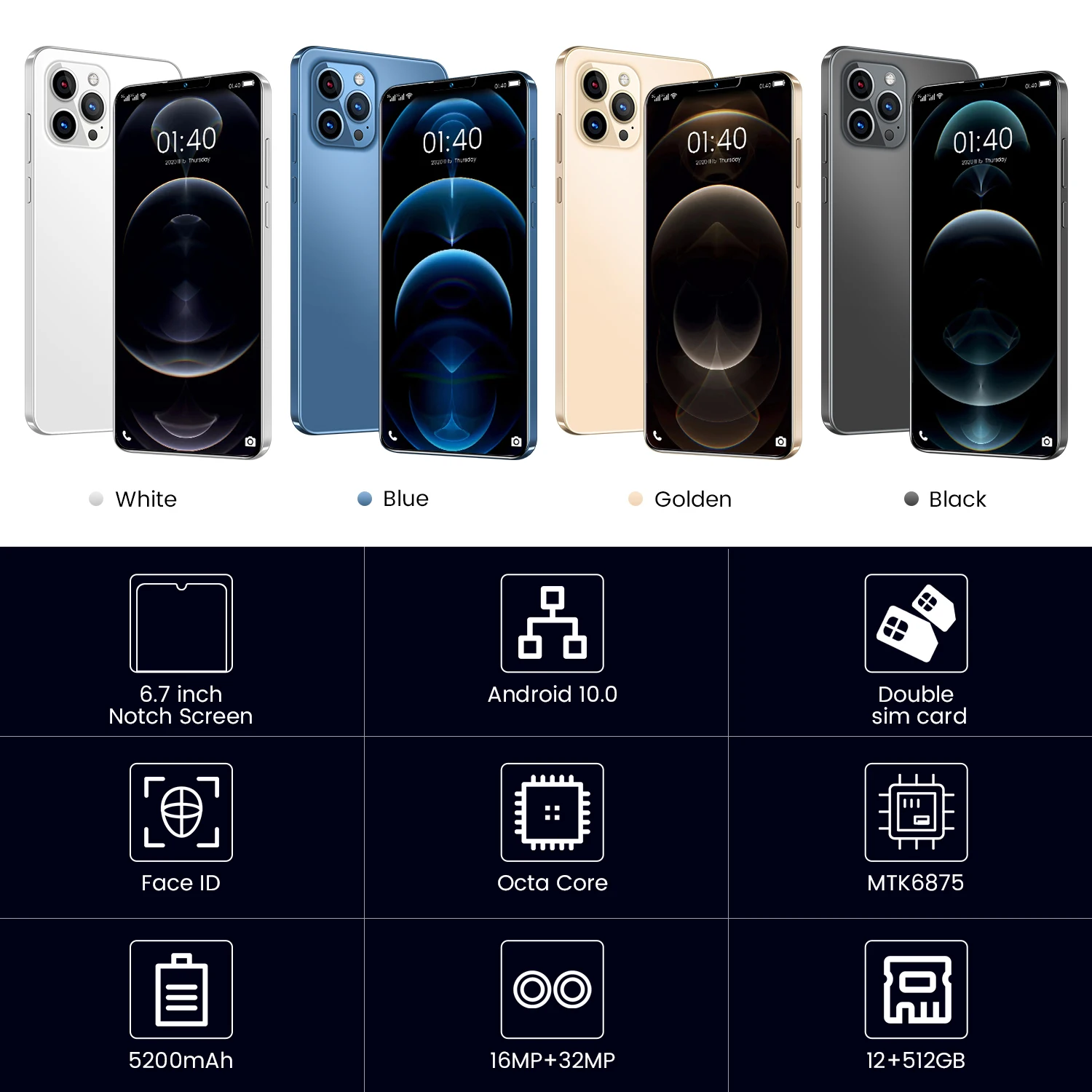 

New Phone12 Pro Max Android 10.0 phone 12GB 512GB Version Smartphone 5G Octa Core 5200mAh 6.7 Inch Best Selling 16+32M Global