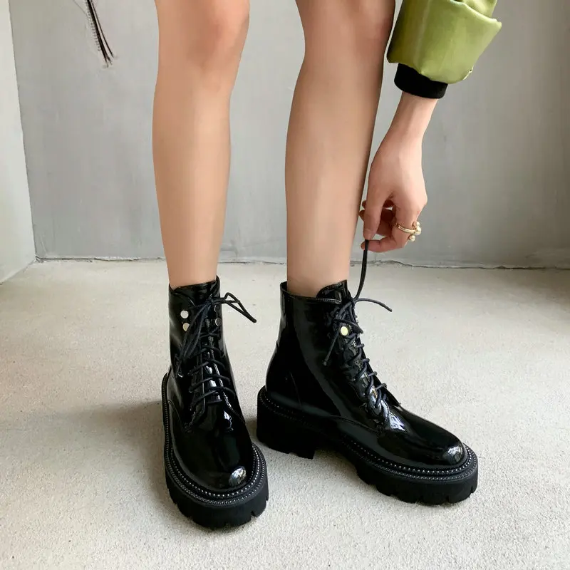 

Fashion Cross Tied Platform Women Boots Genuine Leather Chunky high Heels Shoes For Women Party Casual Shoes Woman