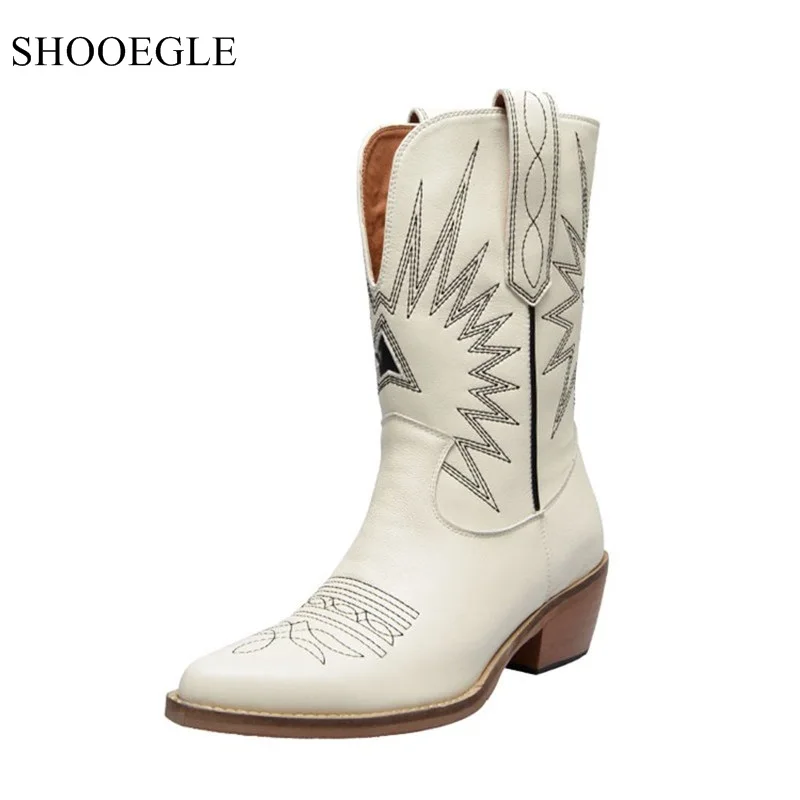 

Ankle Boots For Women Black White Western Cowboy Boots Lady Star Embroidered Leather Shoes Kitten Heels Motorcycle Boots Female