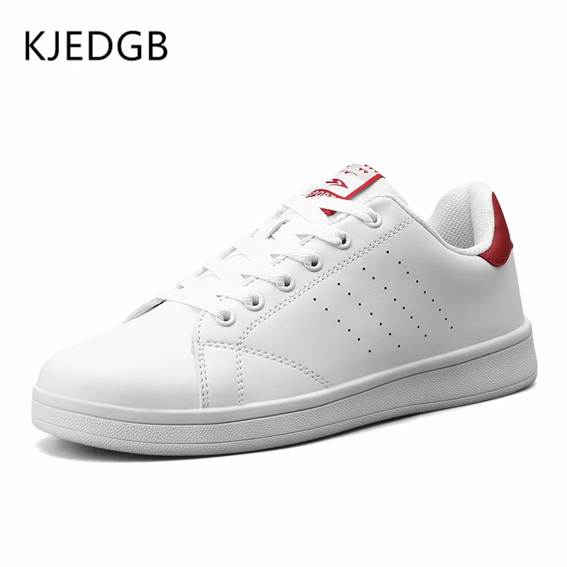 White Red KJEDGB/классические стильные белые мужские повседневные туфли из искусственной кожи на резиновой подошве; кроссовки на плоской подошве; удобная мужская прогулочная обувь со шнуровкой - Цвет: White Red