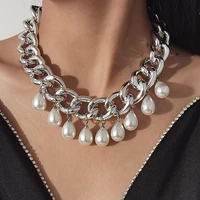 2021 punk exaggerated geometric aluminum chain retro imitation pearl pendant necklace womens fashion jewelry necklace