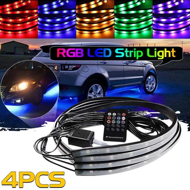 

4pcs Car RGB LED Strip Sound Remote Control Light Under LED Strip Lights 7 Colors Tube Underbody System Neon Chassis Light -