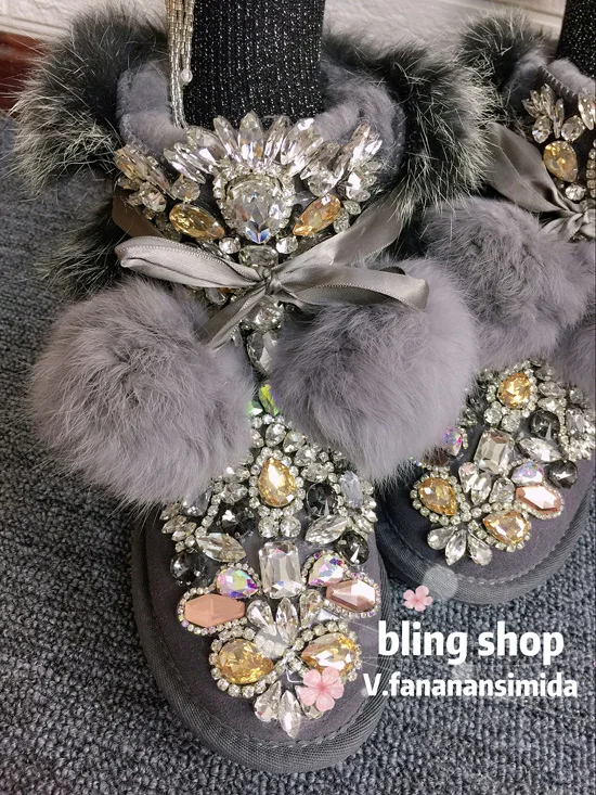 Original homemade European station heavy work sequins rhinestone beaded leather hair one leather thick snow boots