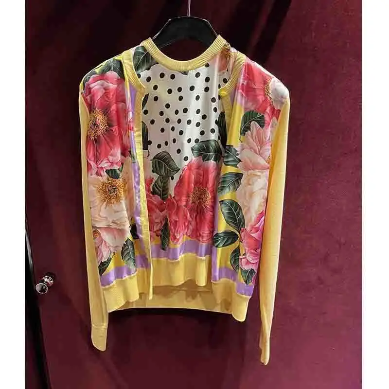 

Cosmicchic Two Piece Set Women Printed Knitting Cardigan & Vest Silk Patchwork Long Sleeve Cardigan Pullover Vest Elegant Tops