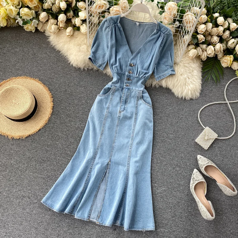 

Women Summer Retro Midi Denim Dress Solid v Neck Button Sexy Split Slim Dress Korean Elegant Streetwear Ruched Dress
