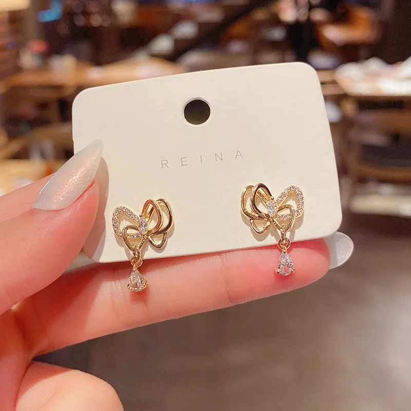 

S925 Silvers Needle 2021 New Fashion Korean Bow Dangle Earrings with Diamonds Shining Simple Temperament Women Jewellery