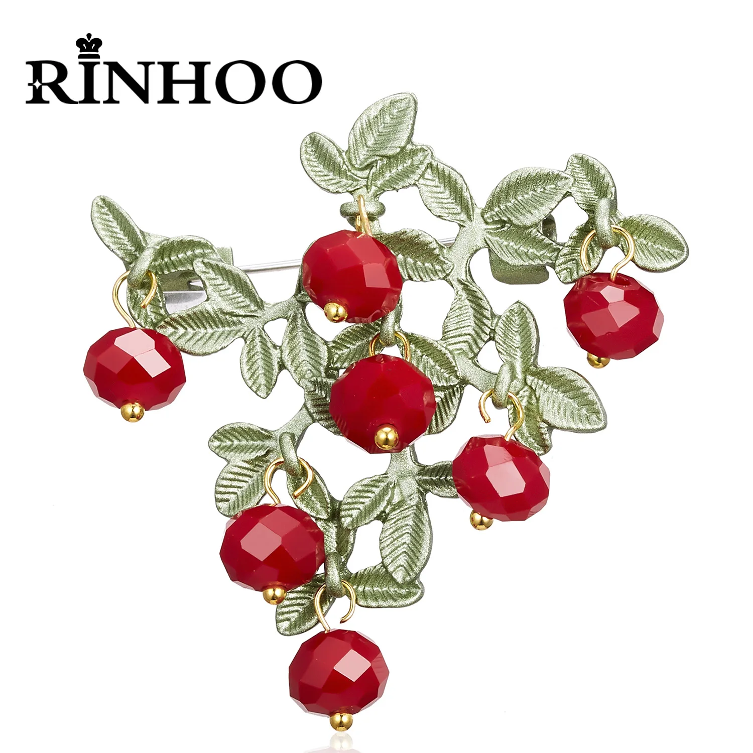 

Rinhoo NEW Elegant Retro Green Plant Leaf Branch Metal Pin White Red Pearl Crystal Flower Fruit Brooch Women Collar Jewelry Gift