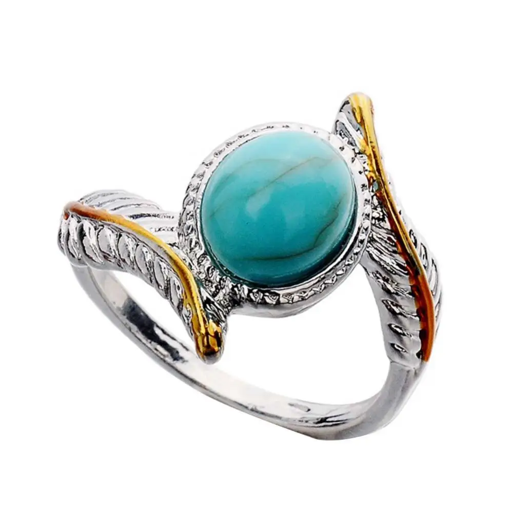 

Vintage Two Tone Twist Leaf Faux Turquoise Ring Women Wedding Engagement Jewelry