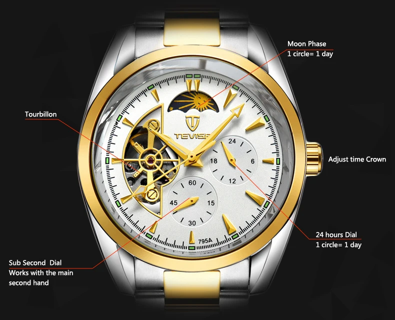 Автоматические механические часы TEVISE Tourbillon мужские с подсветкой деловые