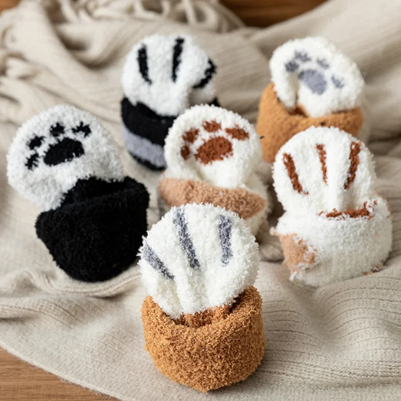

5pairs Lovely Coral Fleece Socks Female Kawaii Tube socks Autumn Winter Cat Claws Cute Thick Warm Sleeping Floor Socks