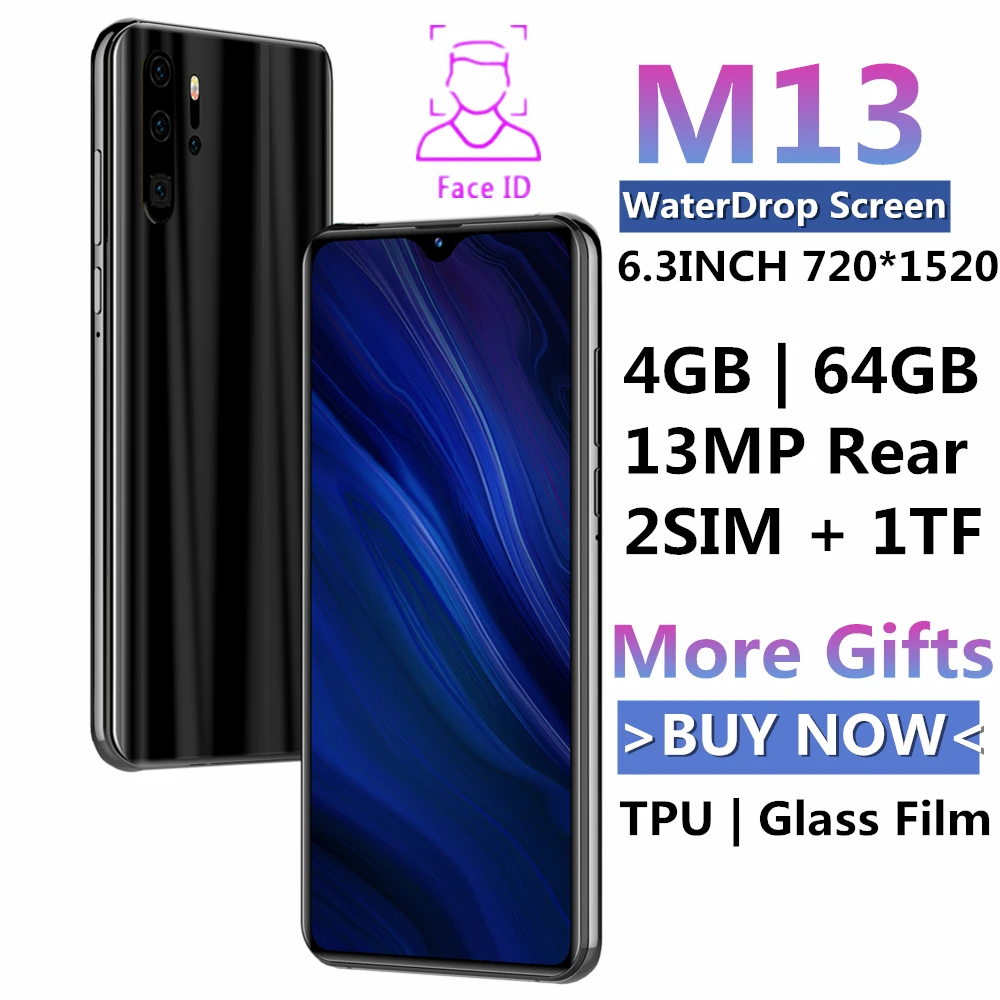 Смартфонов M13 Android уход за кожей лица разблокированный 4G Оперативная память 64G Встроенная память 4 ядра 13MP капли воды 6,3 дюймов мобильный телефон