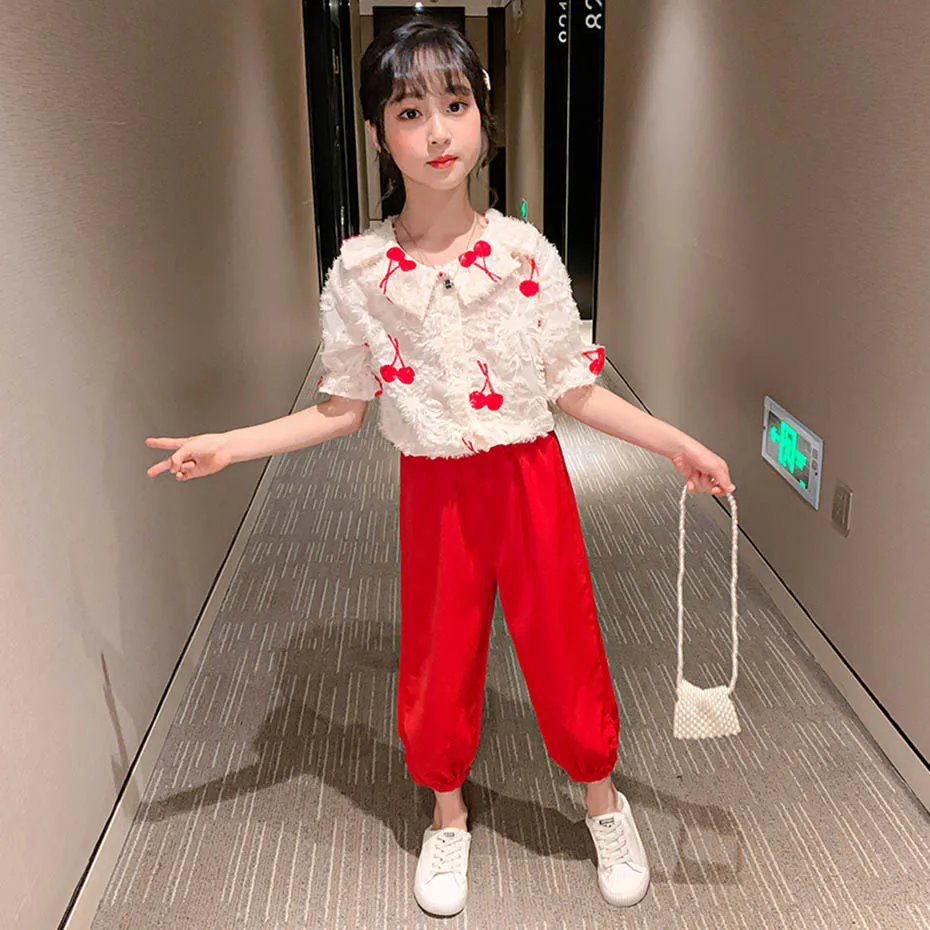 Детская летняя одежда с рисунком вишни для девочек блузка + штаны комплекты