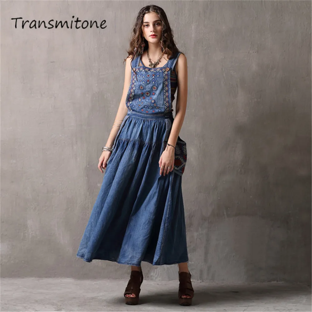 

Women Denim Dress 2020 Vintage Vestidos Flower Embroidery A-Line Back Zipper Swing Hem Overall Maxi Dresses 82038