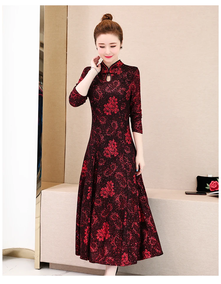 Осень Зима Новое поступление размера плюс M-3XL Ретро Cheongsam стоячий воротник жаккард длинный рукав женское длинное платье