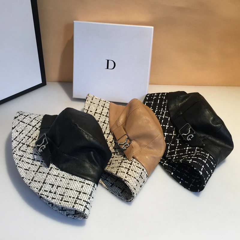 Top brand women luxury patchwork buckle basin caps Faux leather Bucket hat  KDOU024