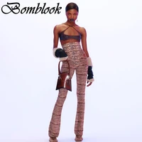 bomblook sexy party club pants womens summer 2021 printed high waist patchwork cut out mesh flared pants female streetwears