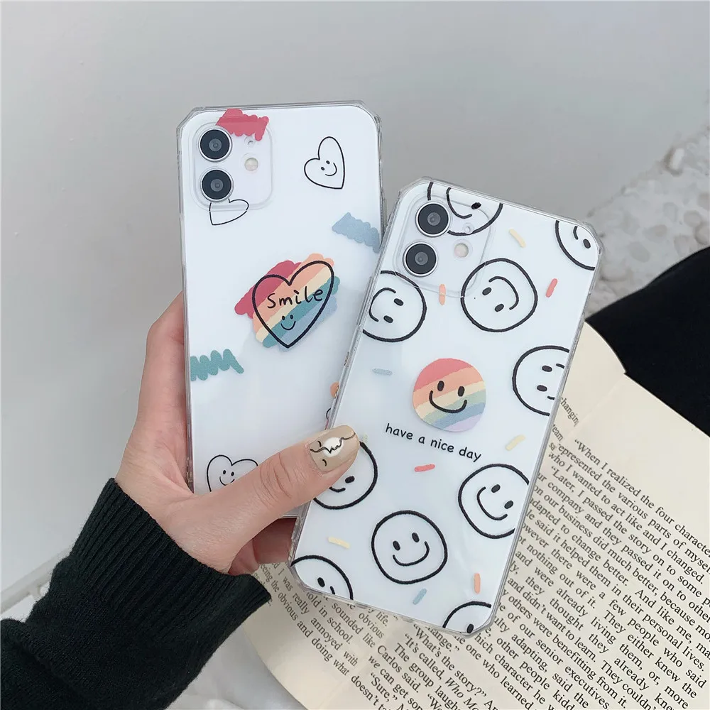 

Cartoon rainbow smile Phone Cases For iPhone 12 MINI 11 Pro X XR XS MAX 7 8 PLUS Shockproof Clear Fall-anti Silicone Back Cover