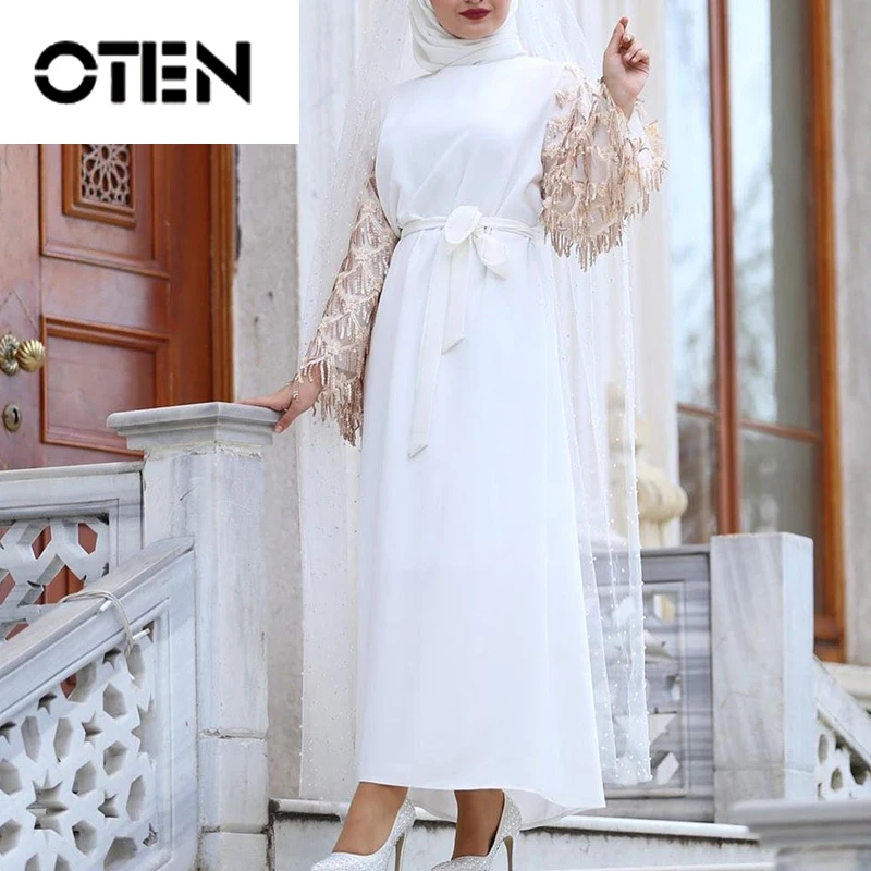 

OTEN 2020 Женская абайя с длинным рукавом и круглым вырезом с высокой талией pakaian мусульманская кисточка пэчворк длиной до щиколотки элегантные женские повседневные платья