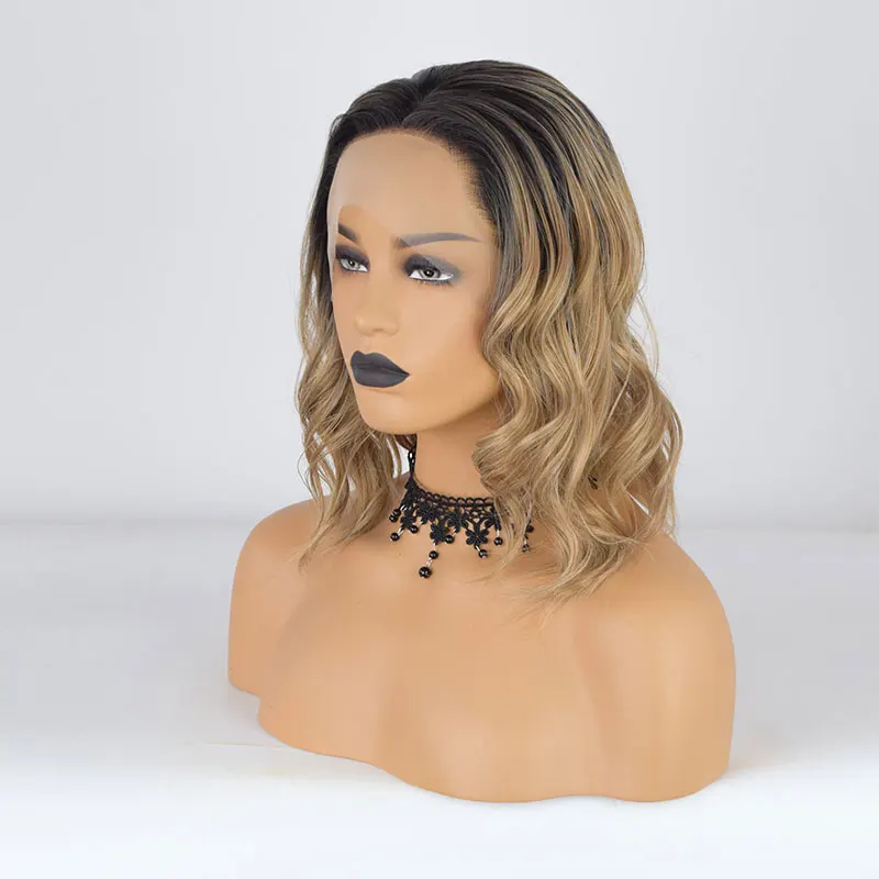 Bombshell, черные корни, Омбре, Микс, блонд, короткая волна, Боб, синтетический, 13*4, на кружеве, парики, жаропрочные волокна, волосы для белых женщин