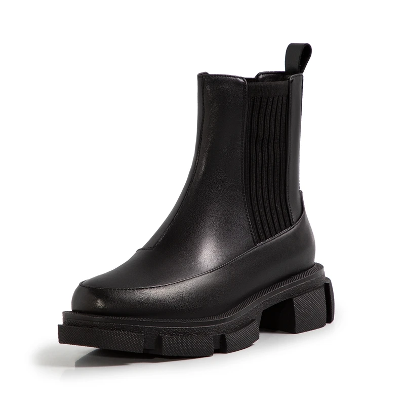 

2021 New Ankle Boots for Women Thick Bottom Round Toe Genuine Leather Boots Black White All-match Botas Feminina Platform Shoes