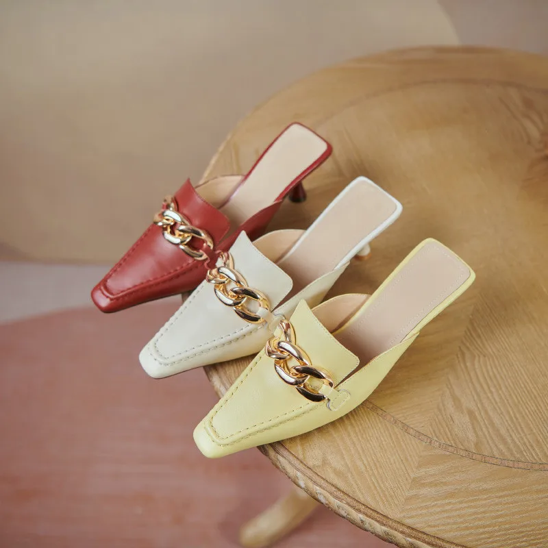 

Asumer 2021 Vintage Mules Shoes Women High Heels Single Shoes Genuine Leather Chain Fashion Dress Party Women Pumps