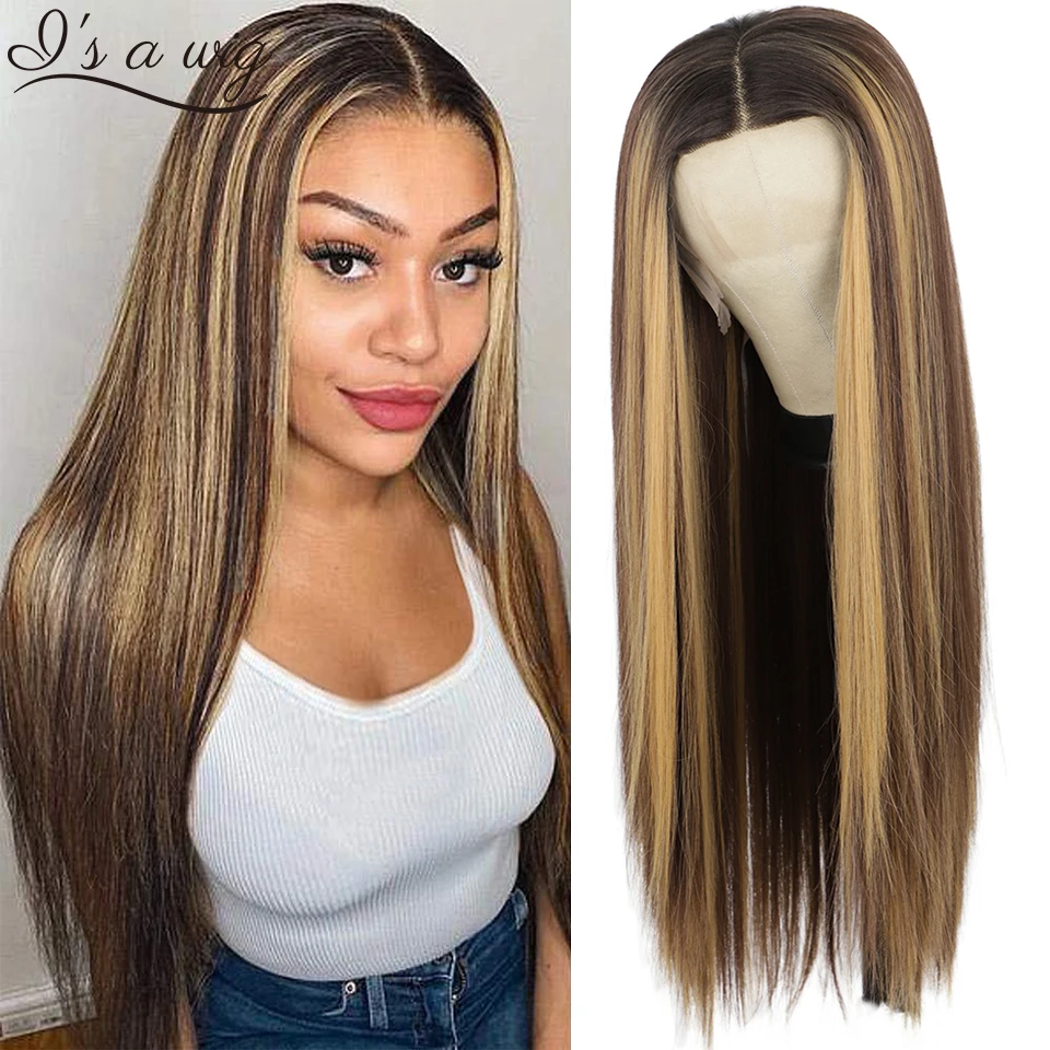 Длинный прямой парик I's a wig на сетке спереди коричневые смешанные блонд