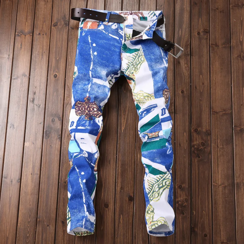 

Hot Sale Autumn Winter New European Fashion White Print Mens Jeans Straight Brand Male Long Pants Denim Casual Trousers Big Size