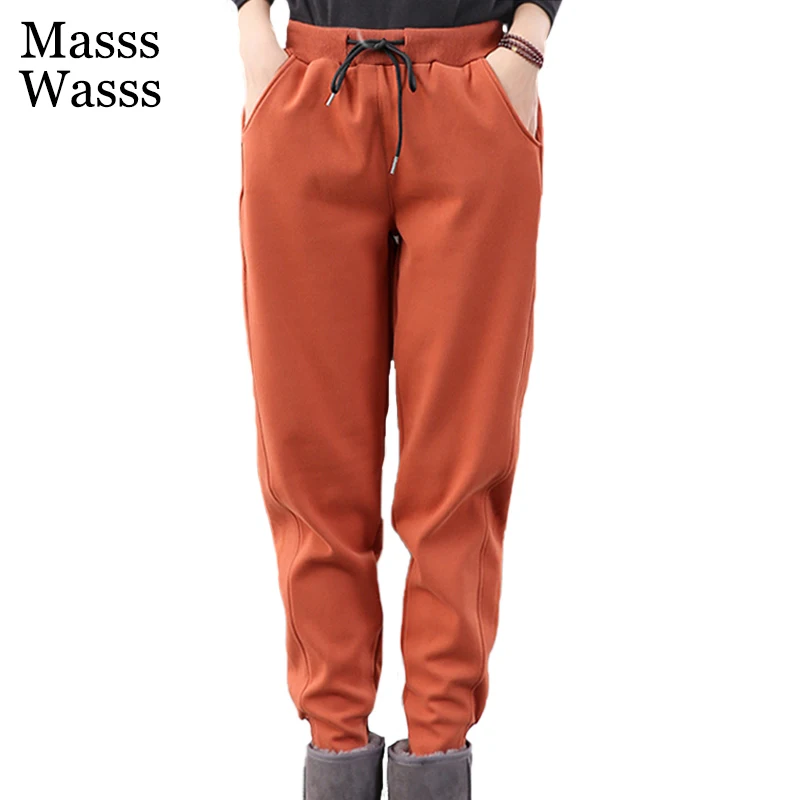 

Masss Wasss 2021 Winter Womens Loose Casual Fur Harem Pants European Style Ladies Solid Design Pantalons Vintage Warm Trousers
