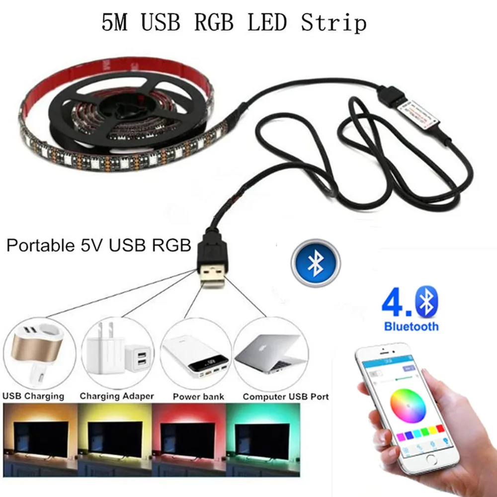 5 V светодиодный RGB полосы USB светильник Водонепроницаемый 5050 Bluetooth контроллер USB 5 V неоновые 50 см 5 м светодиодный светильник RGB ленты ТВ Подсветка светильник