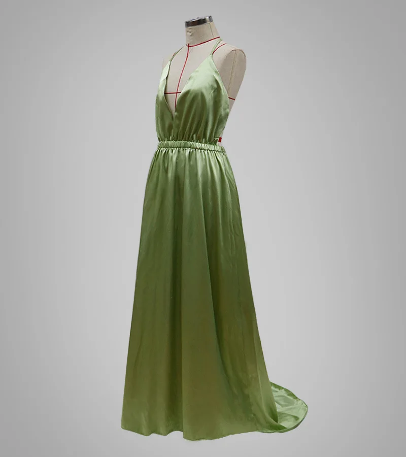 

Ruched Satin Summer Dress Drawstring Spaghetti Straps Cowl Neck Backless Long Dresses for Women Party Sexy Vestidos