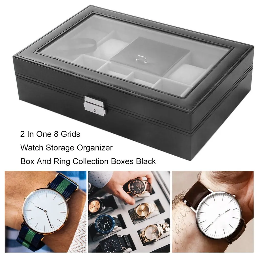 

Black 30*20*8cm 2 In One 8 Grids+3 Mixed Grids Leather Watch Case Storage Organizer Box Luxury Jewelry Ring Display Watch Boxes