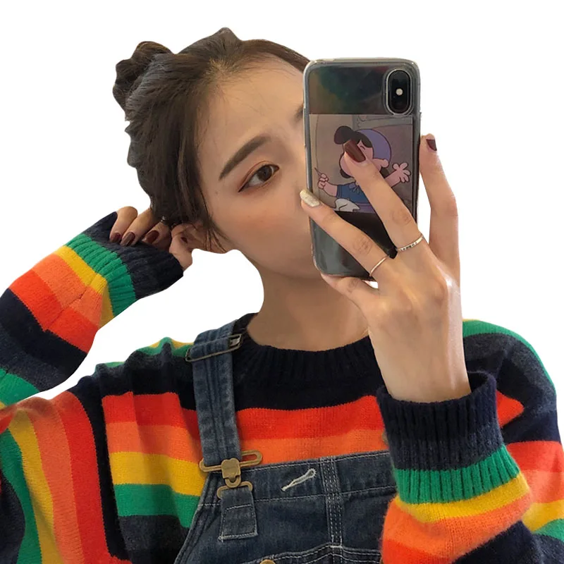 Осенние женские корейские милые винтажные полосатые свитеры в стиле Харадзюку