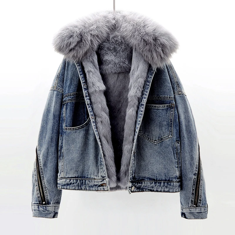 

Genuine fur coat Fashion Warm Real Fox Fur coat + Real Rabbit Hair Liner Denim Jacket Female zipper stitch Real Fur jacket F1727
