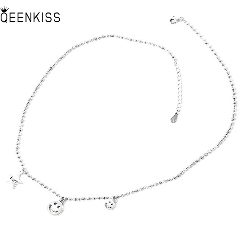 

QUEENKISS NC660 Fine Jewelry Wholesale Fashion Lady Girl Birthday Wedding Gift Star Smiley 925 Sterling Silver Pendant Necklace