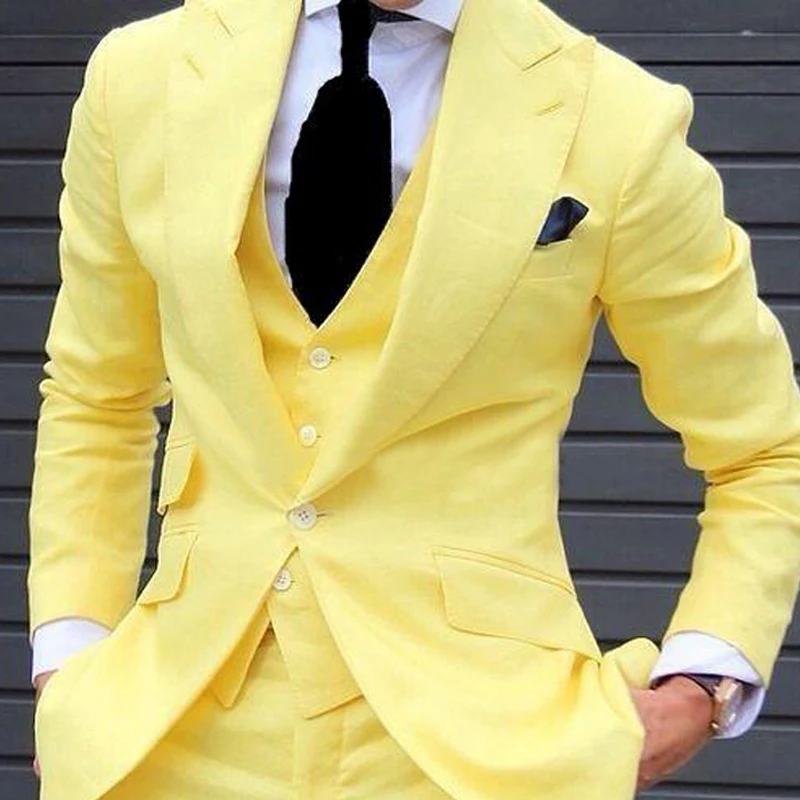 Yellow Slim Fit Prom Suits for Men 3 Piece Set Jacket with Pants Vest Latest Coat Casual Design Male Fashion Smoking Clothes | Мужская