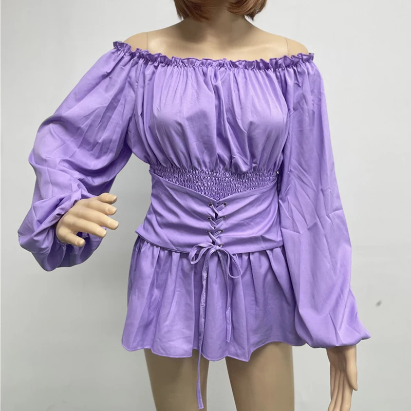 

Sexy Off Shoulder Blouse Women Fashion Solid Ruffled Long Sleeve Shirts Ladies Tops Autumn Casual Lace Up Corset Blusa Feminina
