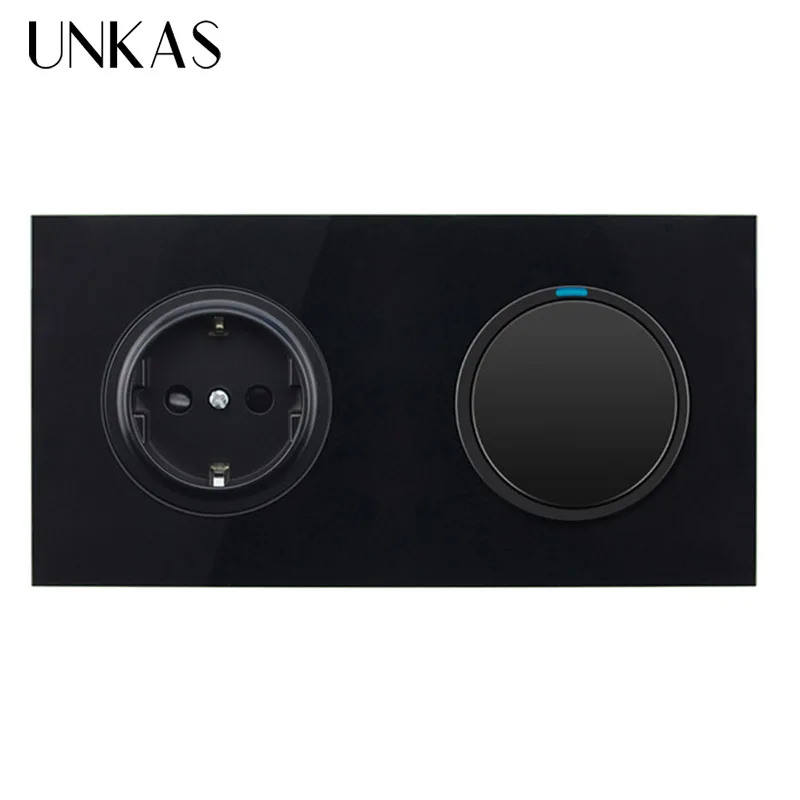 UNKAS Black Crystal Glass Panel 16A EU Standard Wall Power Socket 1 Gang Way Pass Through On / Off Light Switch | Обустройство дома