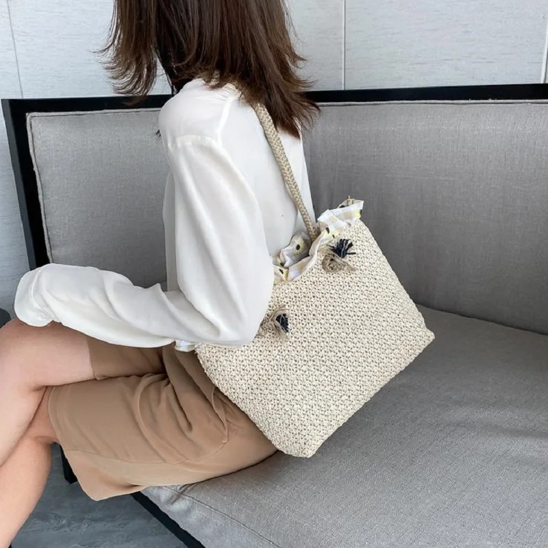

Women Summer Solid Color Beach Shoulder Bag Elegant Handmade Portable Straw Tote Casual Purse with Plaid Ruffle Trim for Girls