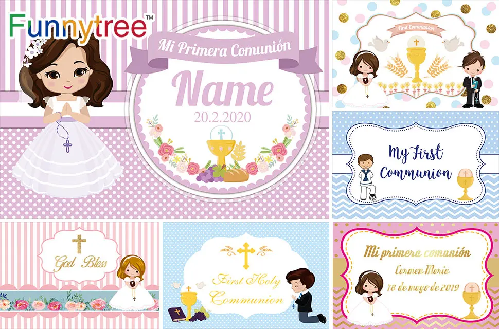 

Funnytree First Holy Communion Backdrop Baptism Cross Grail Boy Blue Girl Pink Party Supplies Props Custom Decorative Background
