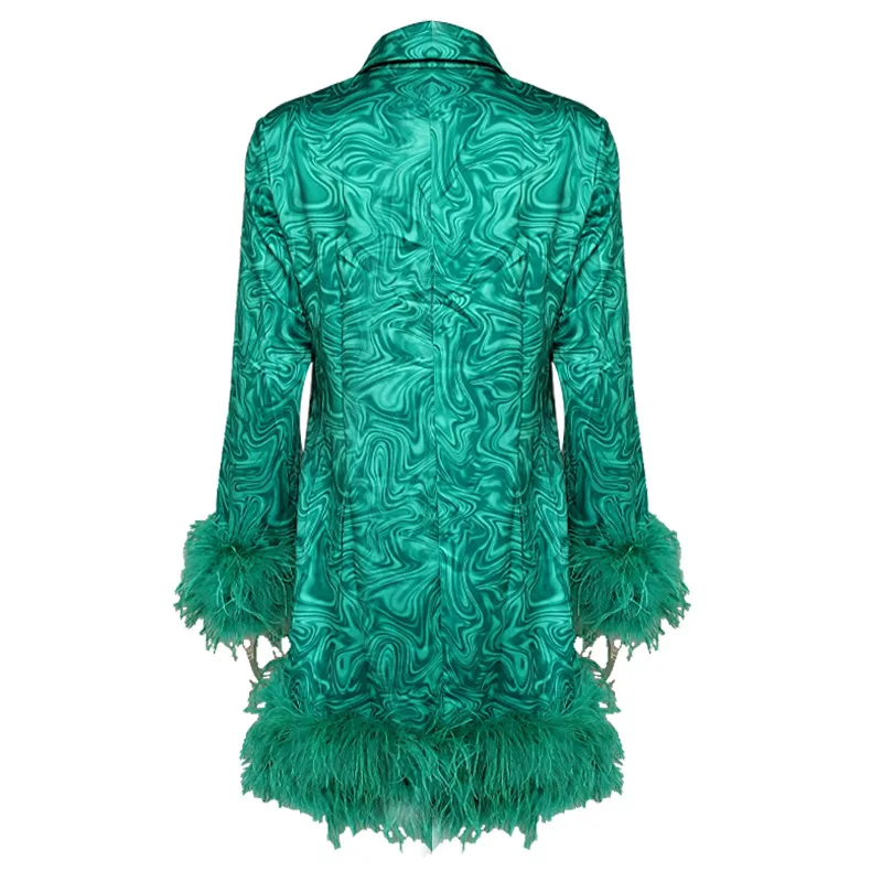 COLOREE Runway Designer Women Mini Dress Elegant Red/Green Ostrich feather Patchwork Dress Vintage Long Sleeve Autumn Dress