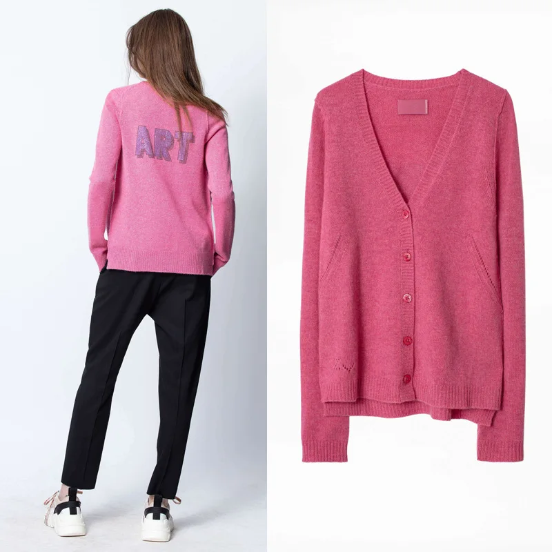 

Women's Single Breasted Sweater Spring Hot Drilling Letter Cashmere V-neck Cardigan Knitted Hollow Split Long Sleeve Top