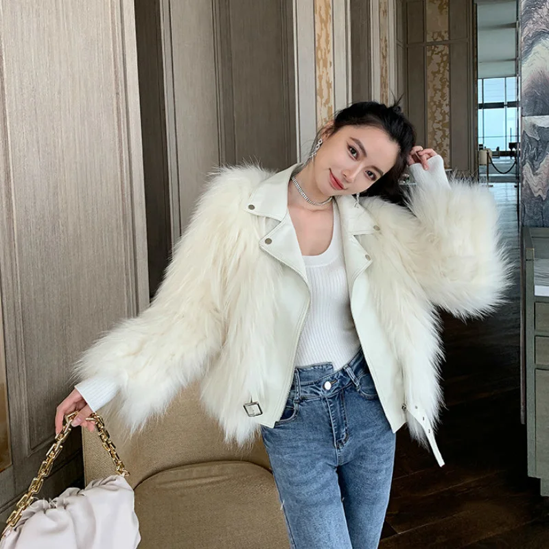 

Женская зимняя белая меховая куртка, кожаная винтажная куртка, женское короткое мотоциклетное пальто, женская верхняя одежда, пальто для женщин с кроличьим мехом