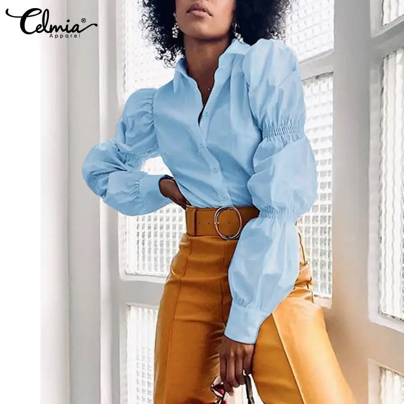 

Celmia Stylish Tops 2022 Women Spring Lantern Sleeve Solid Blouses Casual Lapel Loose Buttons Elegant OL Shirts Street Blusas