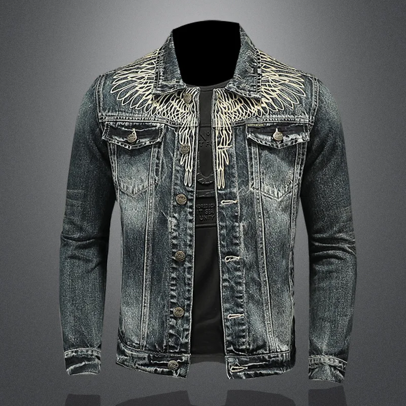 

Hot sale in autumn and winter, high street wings embroidery retro washed denim jacket for men, boutique denim jacket for men